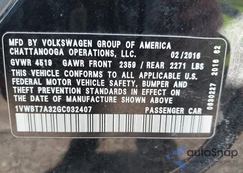 2016 Volkswagen Passat 1.8T Se из США, поврежденный, VIN 1VWBT7A32GC032407